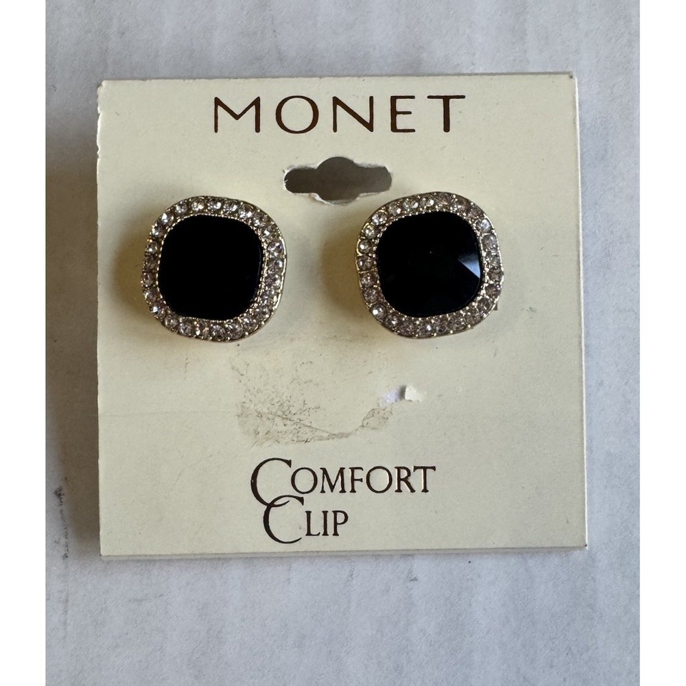 Vintage Monet Comfort Clip Earrings Rhinestone Black Onyx Gold Tone New